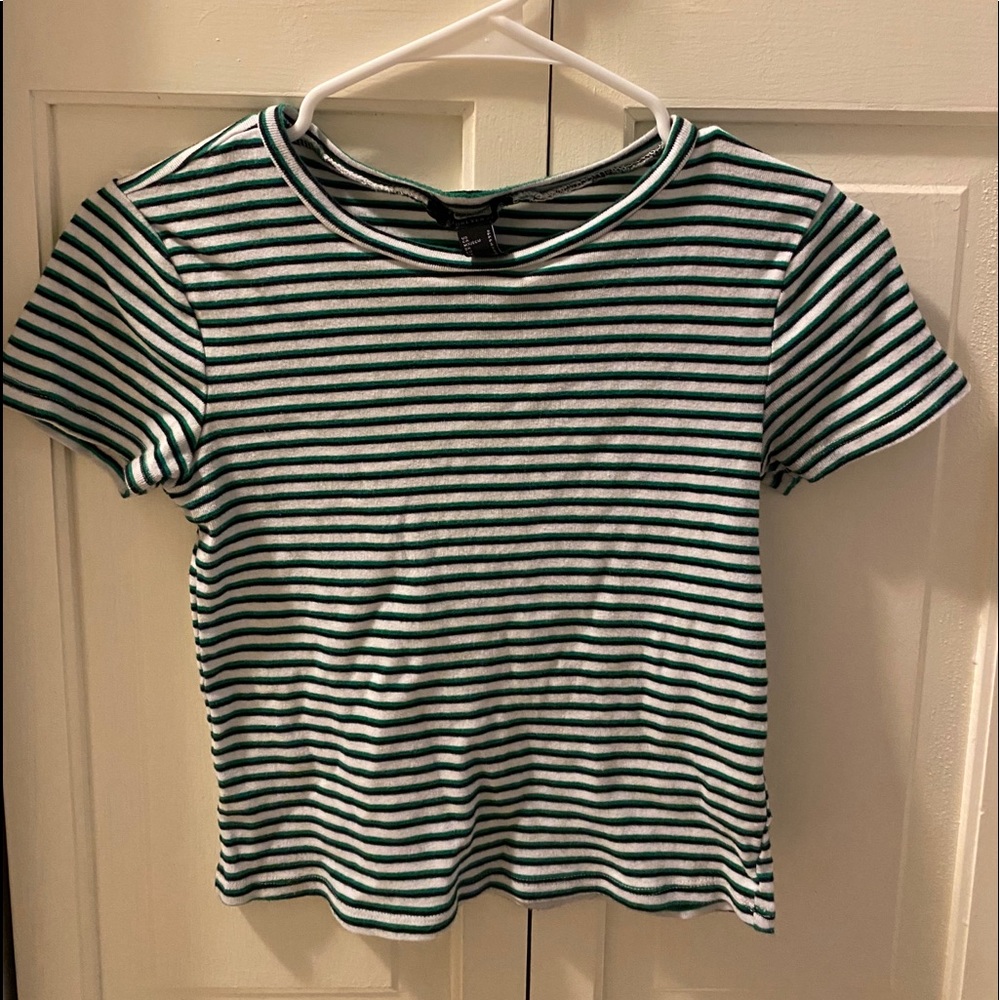 Cropped Black/White/Green striped tee